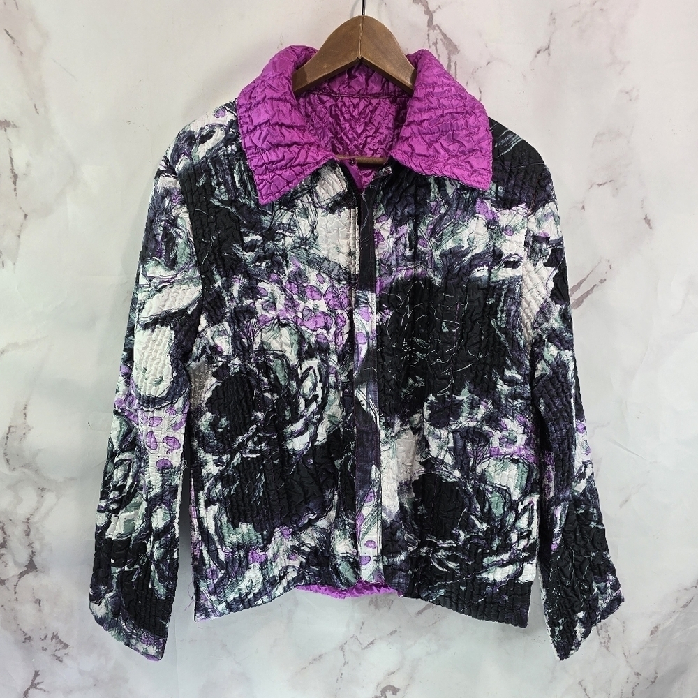 Artsy Jacket Women XL Purple Art To Wear Reversible Quilted Crinkle Textured